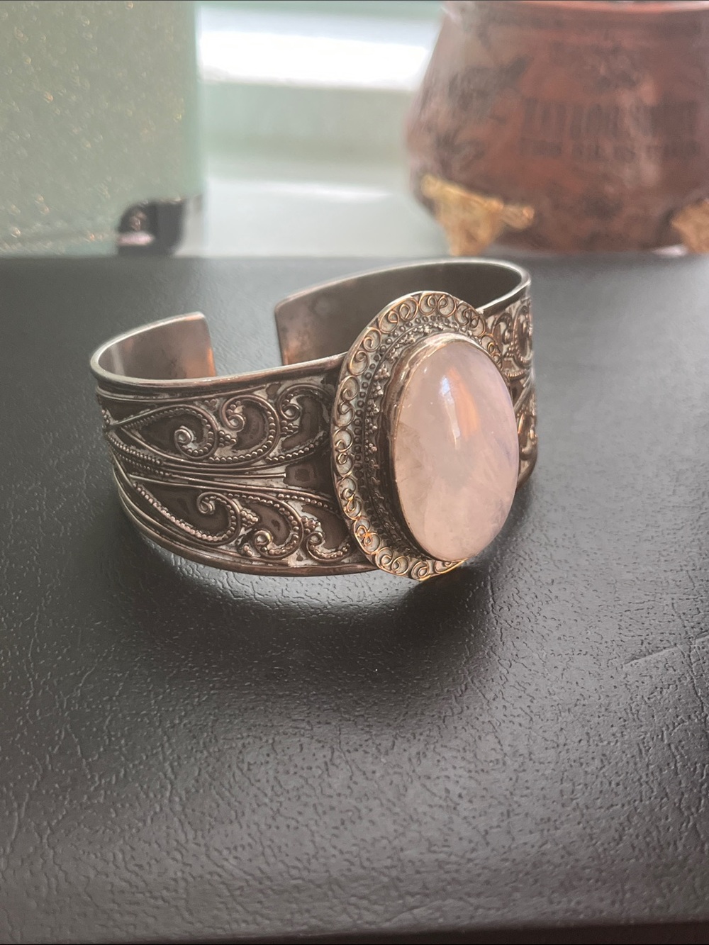 Vintage Silver Plated Cuff Bracelet with White Stone Center